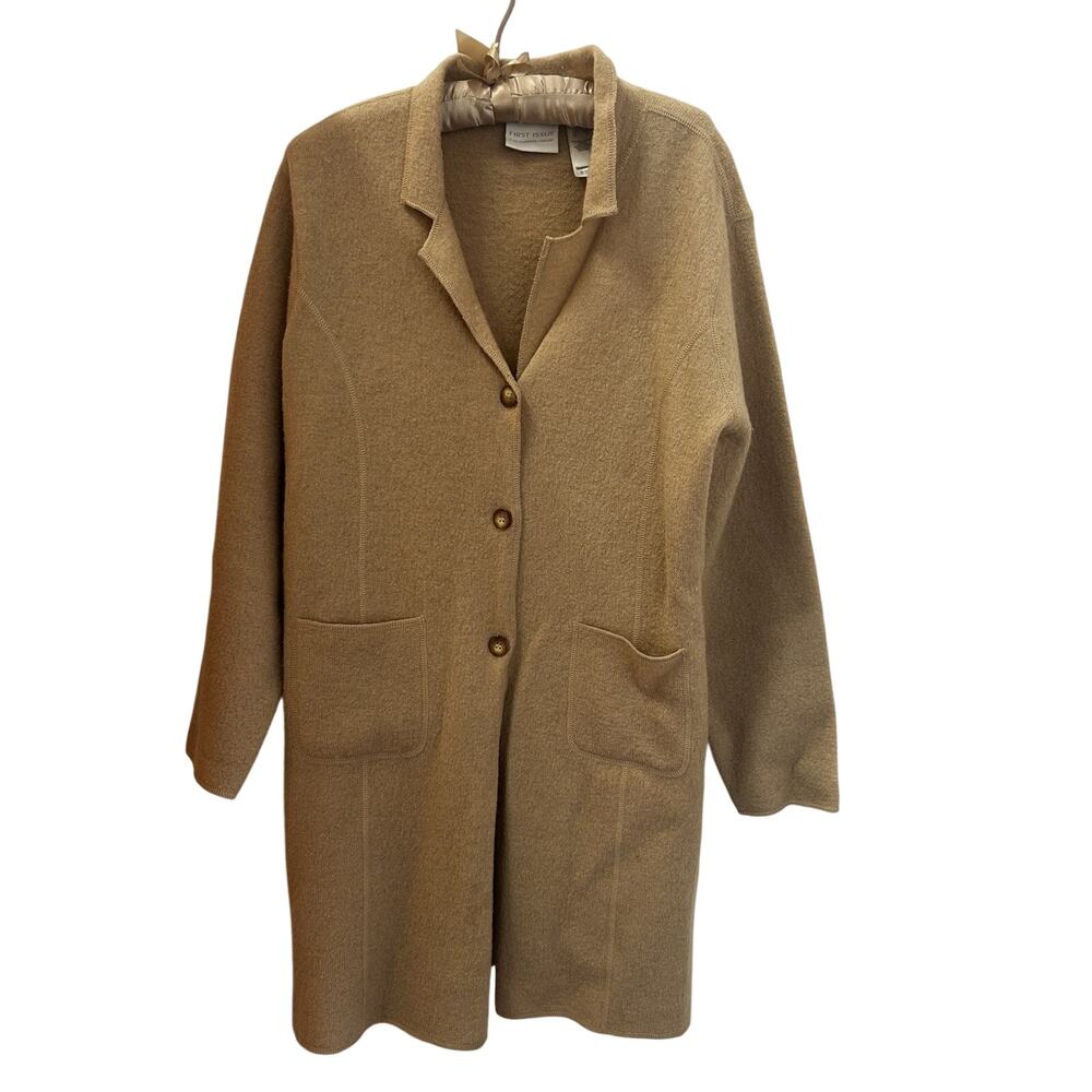 First Issue Women’s S Beige Wool Long Coat Button Front Pockets Collared